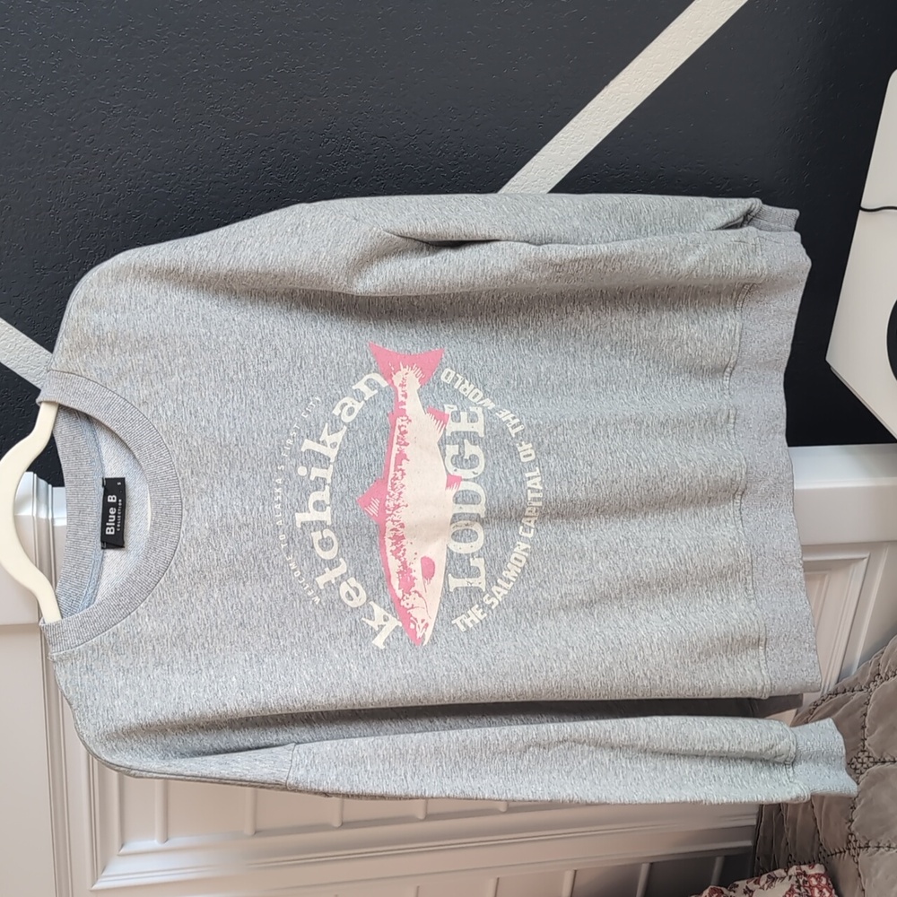 Blue B Gray Crewneck Sweater with Pink Graphic NWOT!!